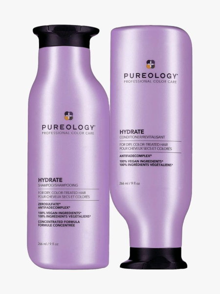 Pureology Hydrate Moisturizing Shampoo and Conditioner in branded components on a light gray background